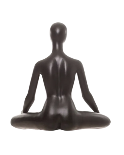 A dark brown matte yoga mannequin figure shown from the back, seated in a lotus position against a solid white background.
