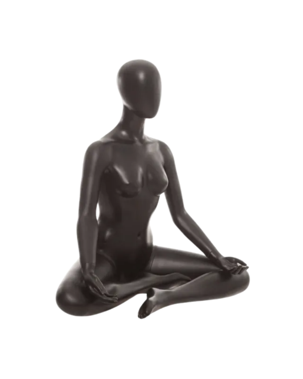 A glossy black mannequin figurine shaped like a seated female form, posed in a meditative cross-legged position against a plain white background.