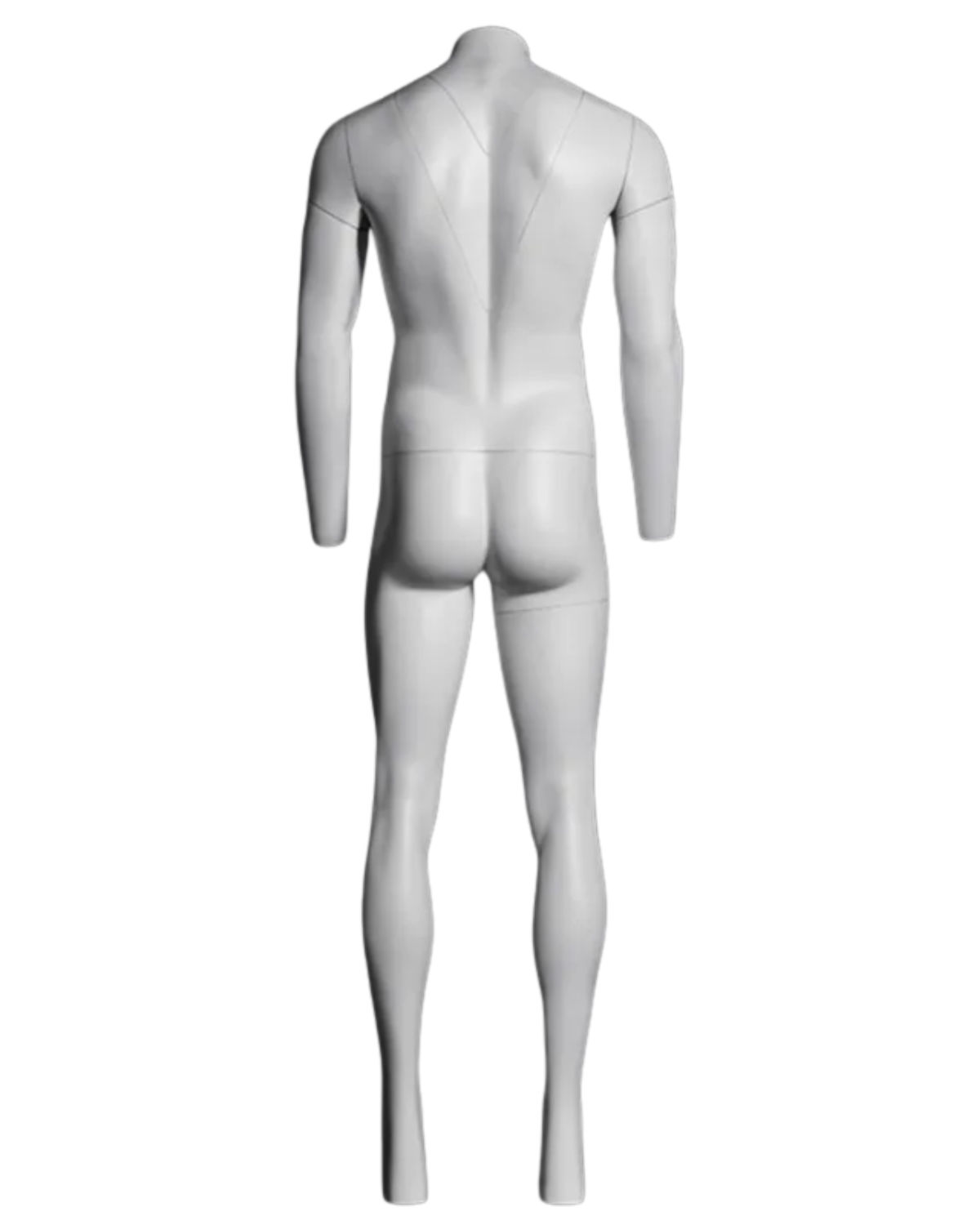 Rear view of ghost matte white headless male mannequin for menswear product photography