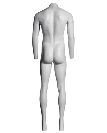 Rear view of ghost matte white headless male mannequin for menswear product photography