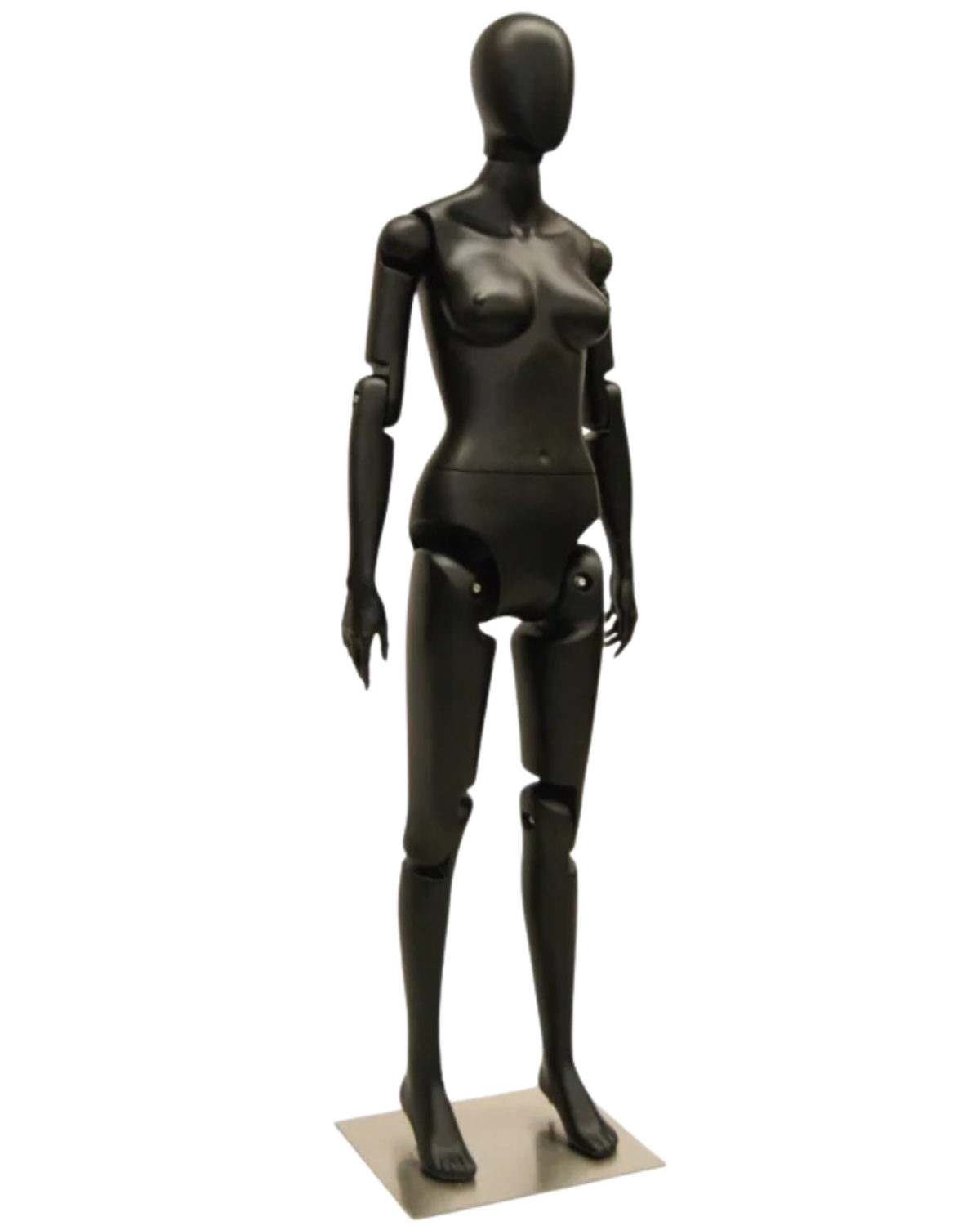 Posable female mannequin with matte black fiberglass finish and articulated joints for art and display purposes.