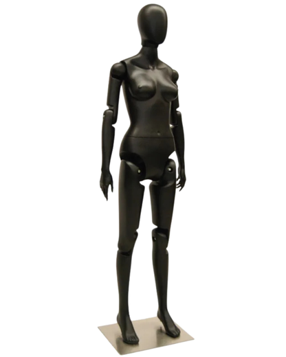 Posable female mannequin with matte black fiberglass finish and articulated joints for art and display purposes.