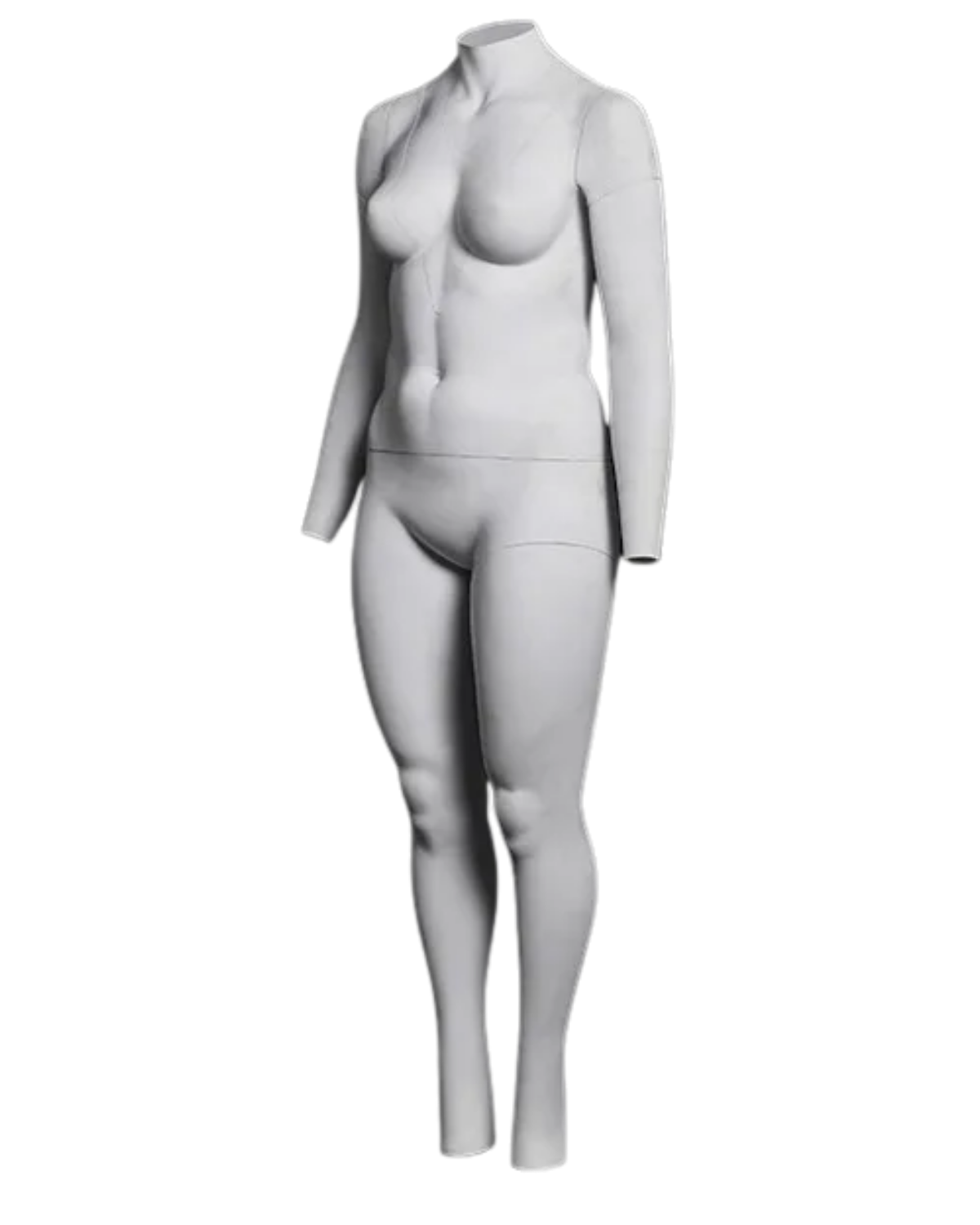 Angled view of matte white plus size female invisible mannequin