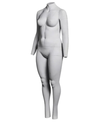 Angled view of matte white plus size female invisible mannequin