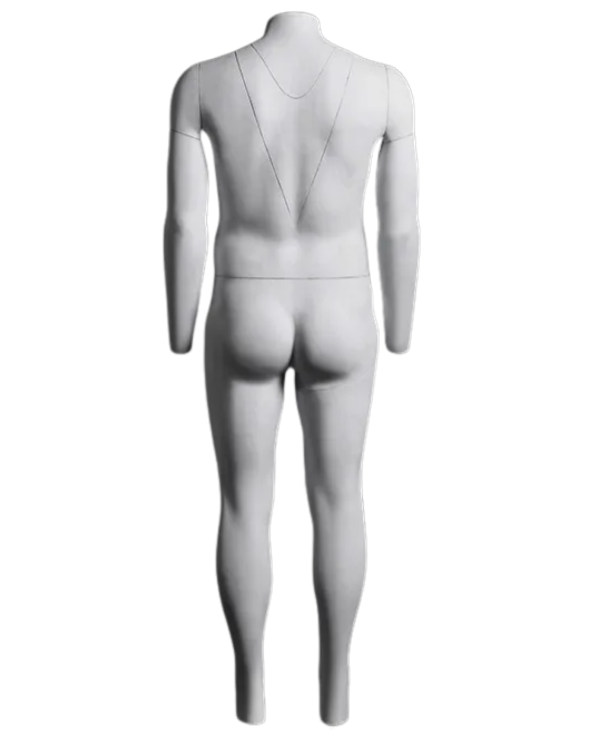 Rear view of plus size male ghost mannequin with removable magnetic sections