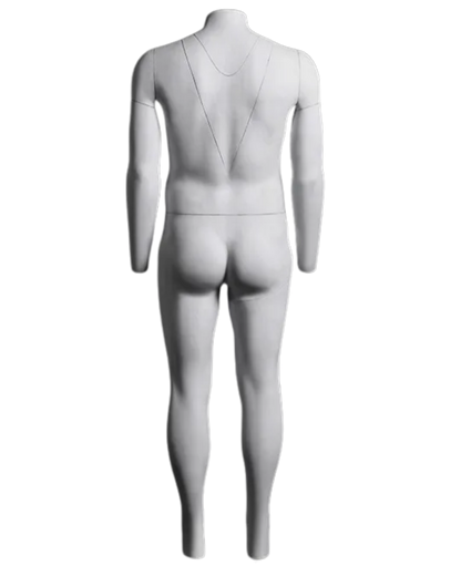 Rear view of plus size male ghost mannequin with removable magnetic sections