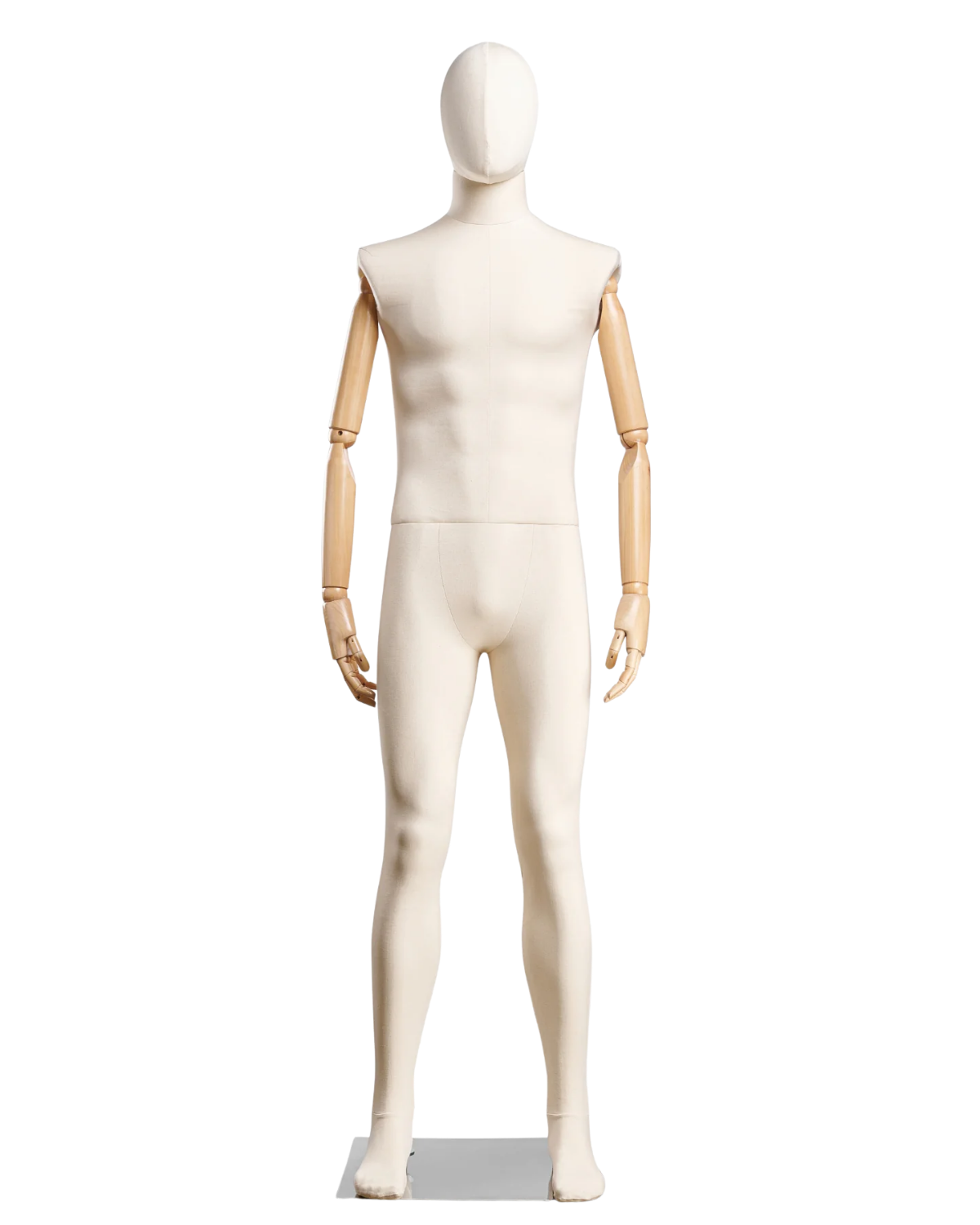 Posable male mannequin with fabric-wrapped torso and articulated wooden arms, ideal for clothing display and fashion design.