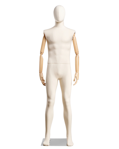 Posable male mannequin with fabric-wrapped torso and articulated wooden arms, ideal for clothing display and fashion design.