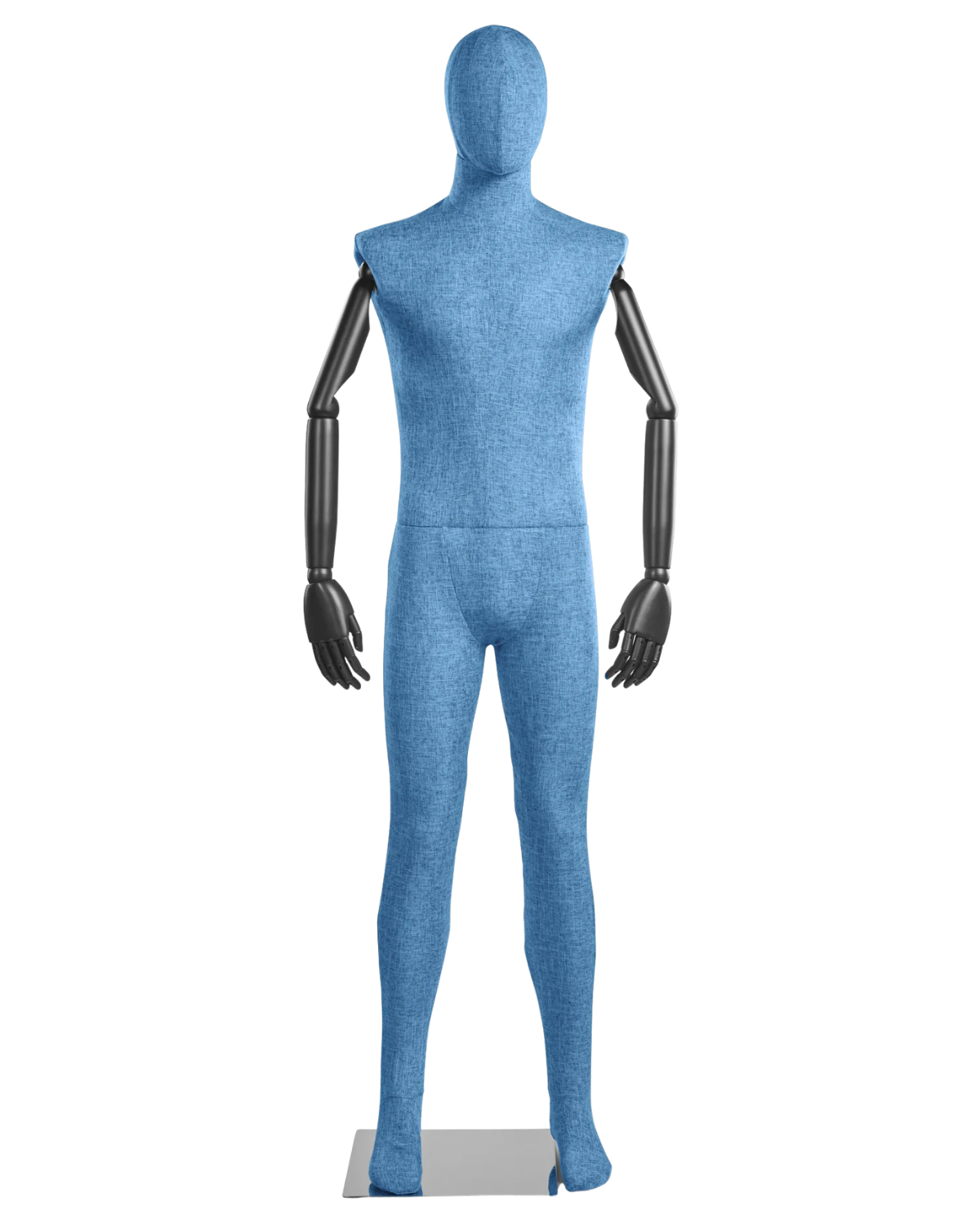 Posable male fabric-wrapped mannequin with articulated wooden arms, showing realistic stance and detailed craftsmanship.