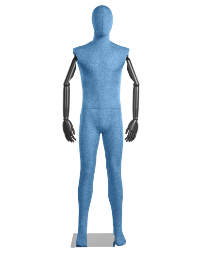 Posable male fabric-wrapped mannequin with articulated wooden arms, showing realistic stance and detailed craftsmanship.