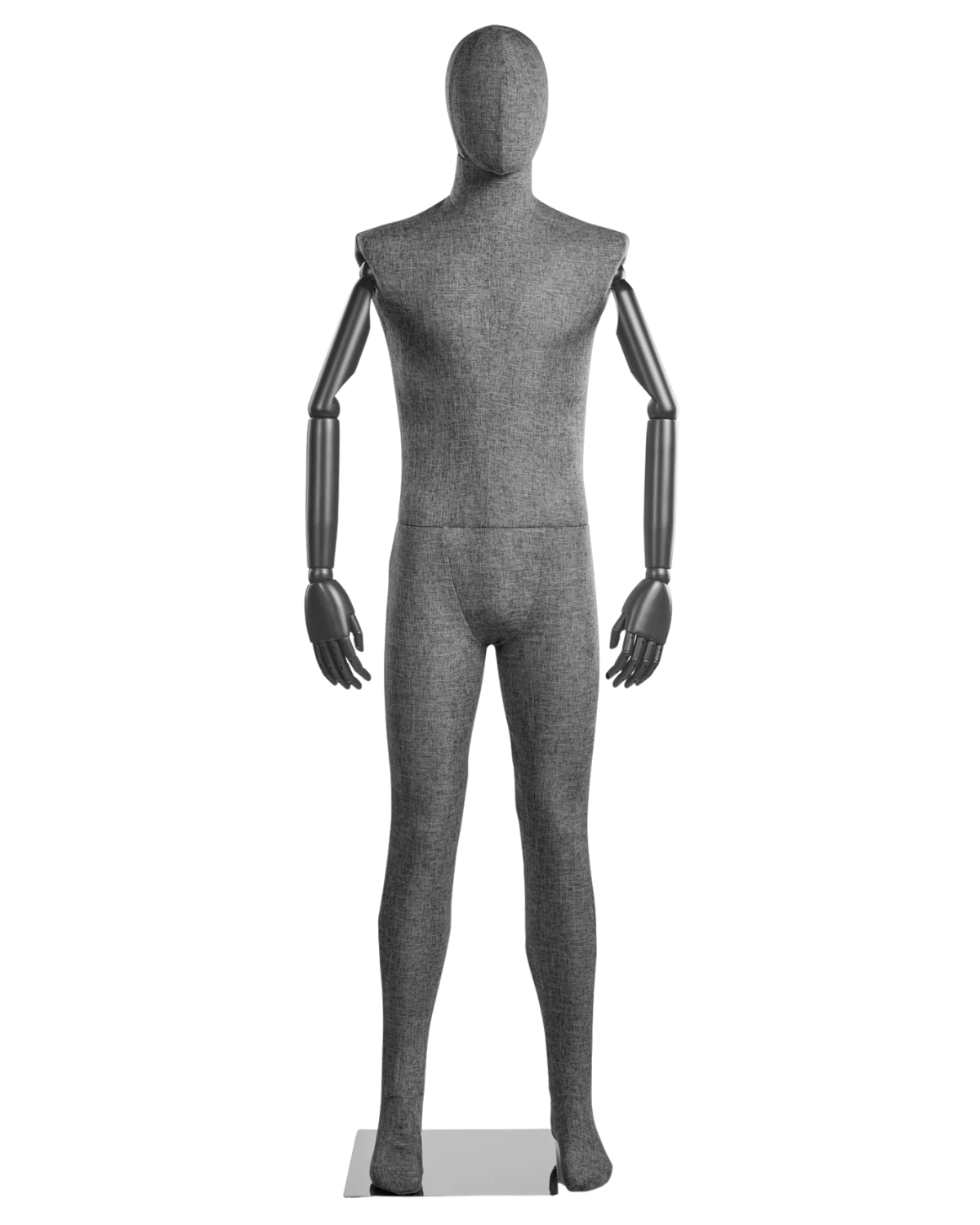 Posable male fabric-wrapped mannequin with articulated wooden arms, ideal for fashion displays and retail visual merchandising.