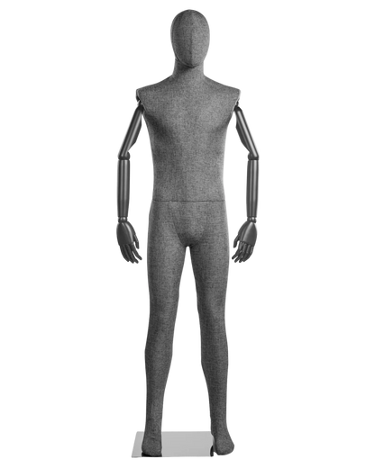 Posable male fabric-wrapped mannequin with articulated wooden arms, ideal for fashion displays and retail visual merchandising.