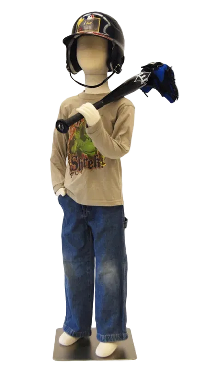 8-year old child mannequin holding baseball bat in retail display