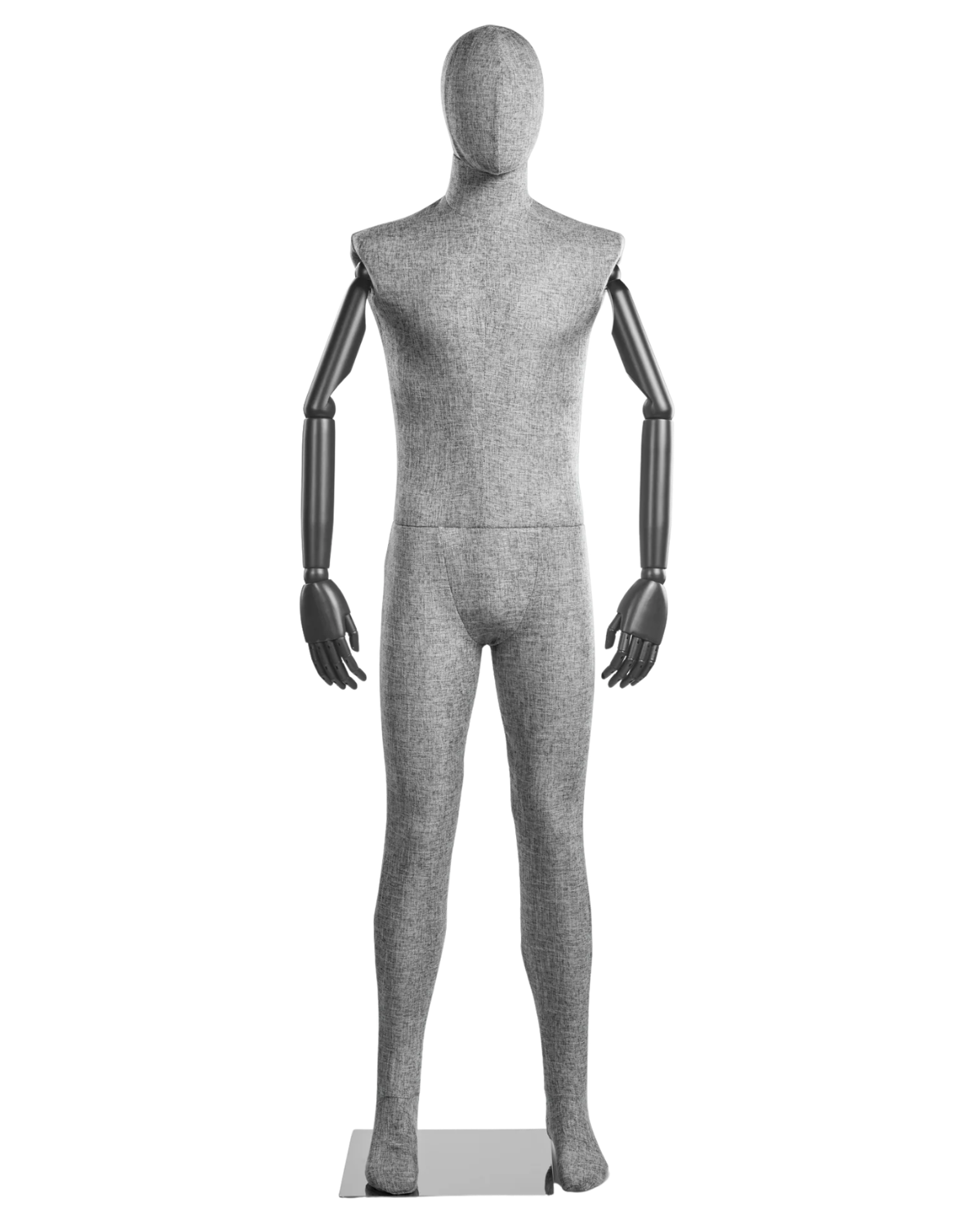 Posable male fabric-wrapped mannequin with articulated wooden arms, ideal for clothing displays and fashion showcases.
