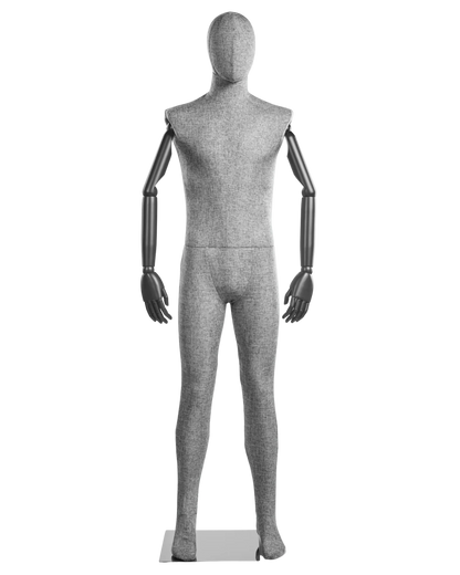 Posable male fabric-wrapped mannequin with articulated wooden arms, ideal for clothing displays and fashion showcases.