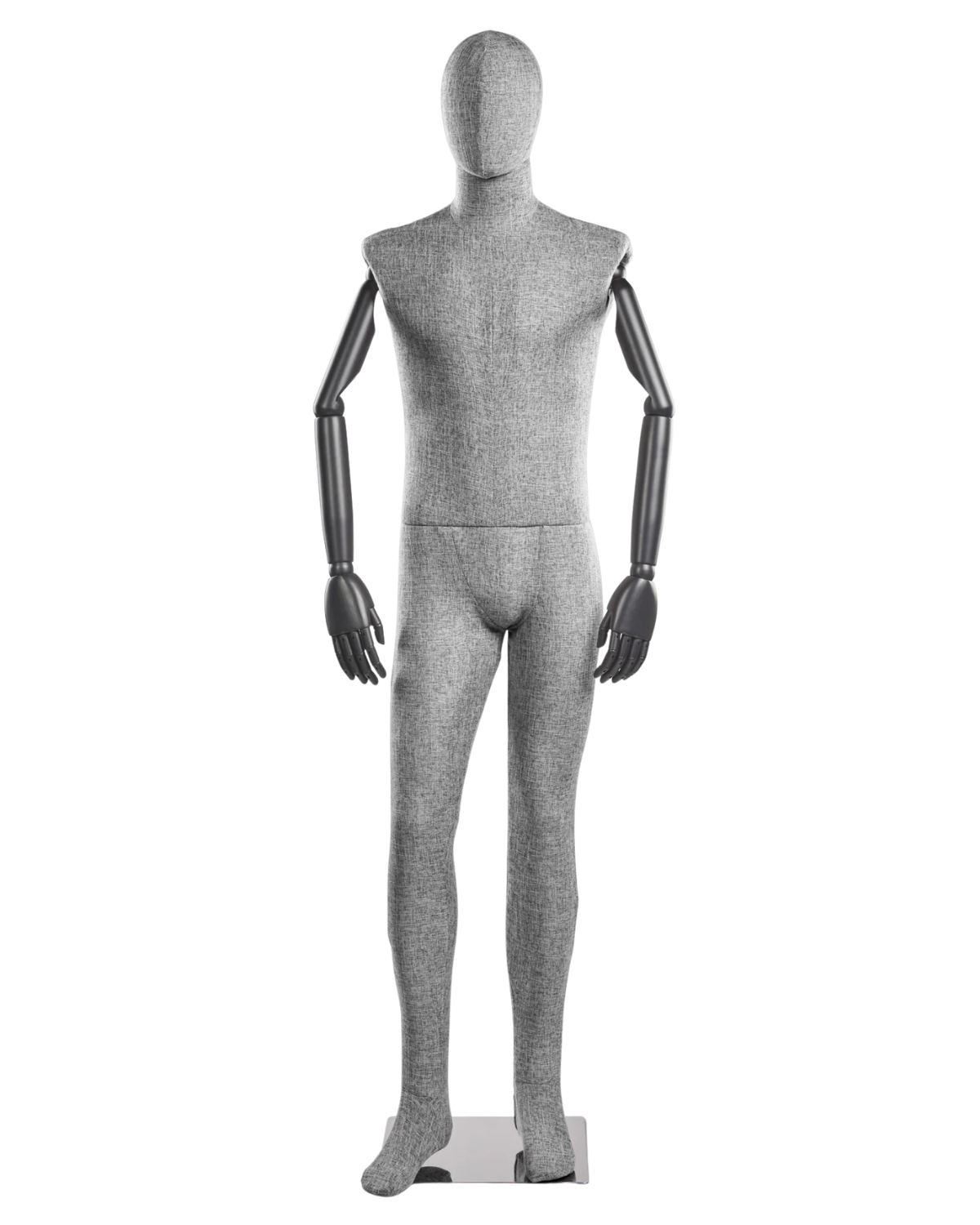 Posable male fabric-wrapped mannequin with articulated wooden arms, showcasing realistic posture and detailed construction.