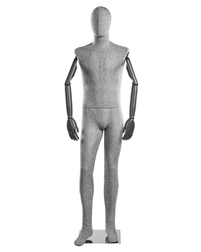 Posable male fabric-wrapped mannequin with articulated wooden arms, showcasing realistic posture and detailed construction.
