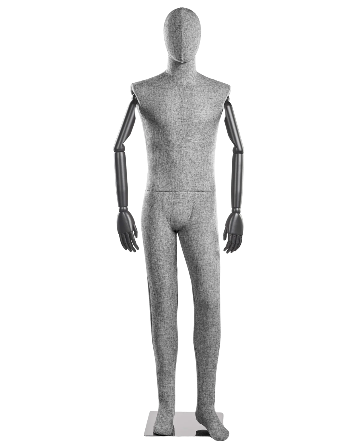 Posable male mannequin with fabric-wrapped torso and articulated wooden arms, displayed in a neutral pose for clothing fitting.