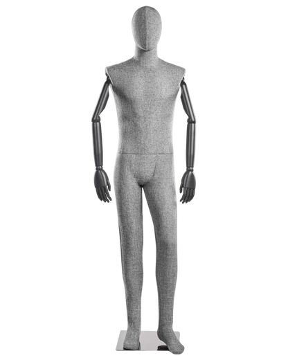 Posable male mannequin with fabric-wrapped torso and articulated wooden arms, displayed in a neutral pose for clothing fitting.
