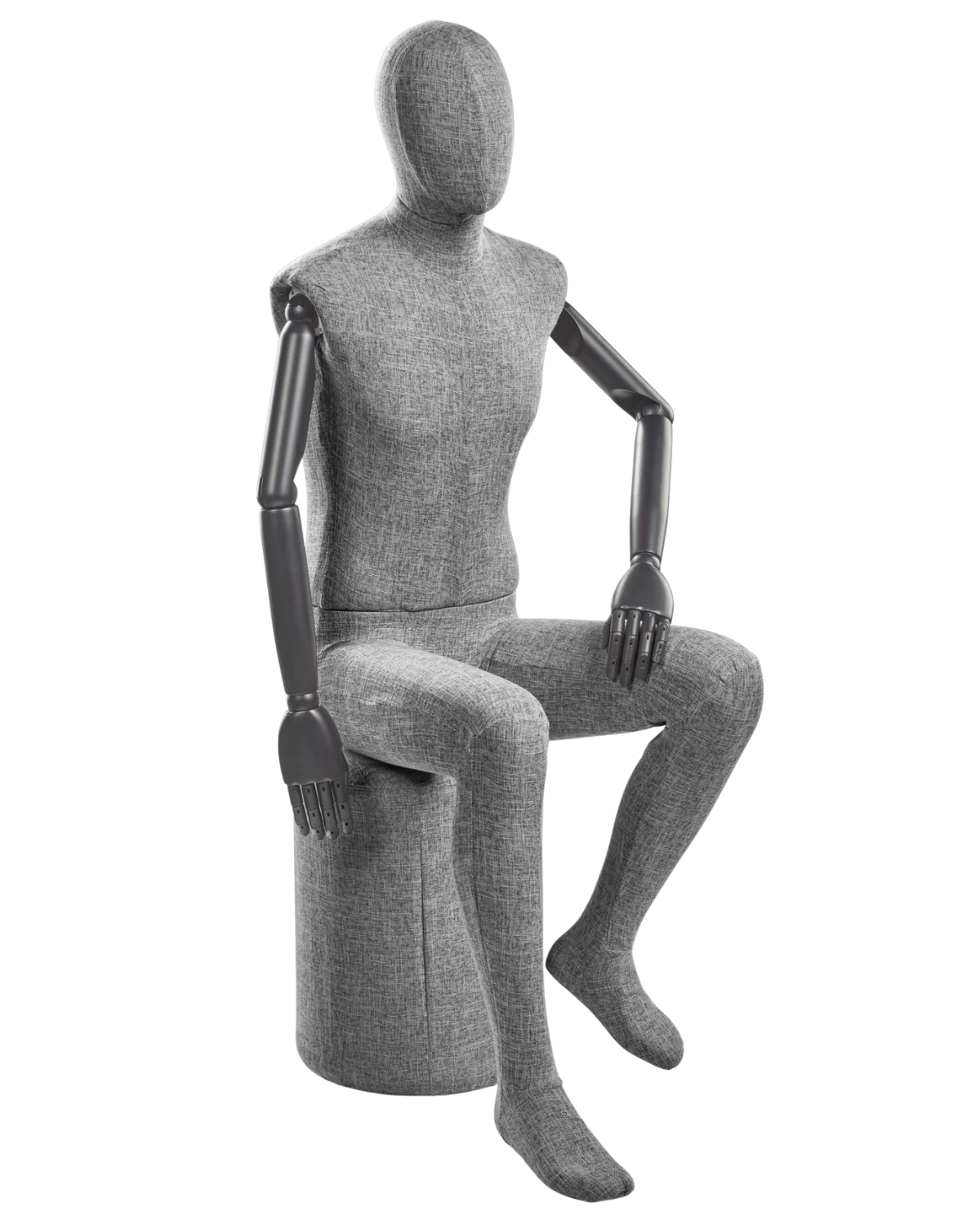 Posable male mannequin with fabric-wrapped torso and articulated wooden arms, ideal for retail displays and fashion fittings.