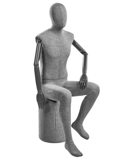 Posable male mannequin with fabric-wrapped torso and articulated wooden arms, ideal for retail displays and fashion fittings.