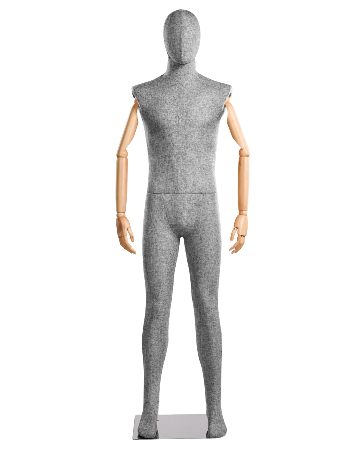 Posable male fabric-wrapped mannequin with articulated wooden arms, ideal for clothing displays and retail mannequins.