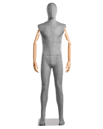 Posable male fabric-wrapped mannequin with articulated wooden arms, ideal for clothing displays and retail mannequins.