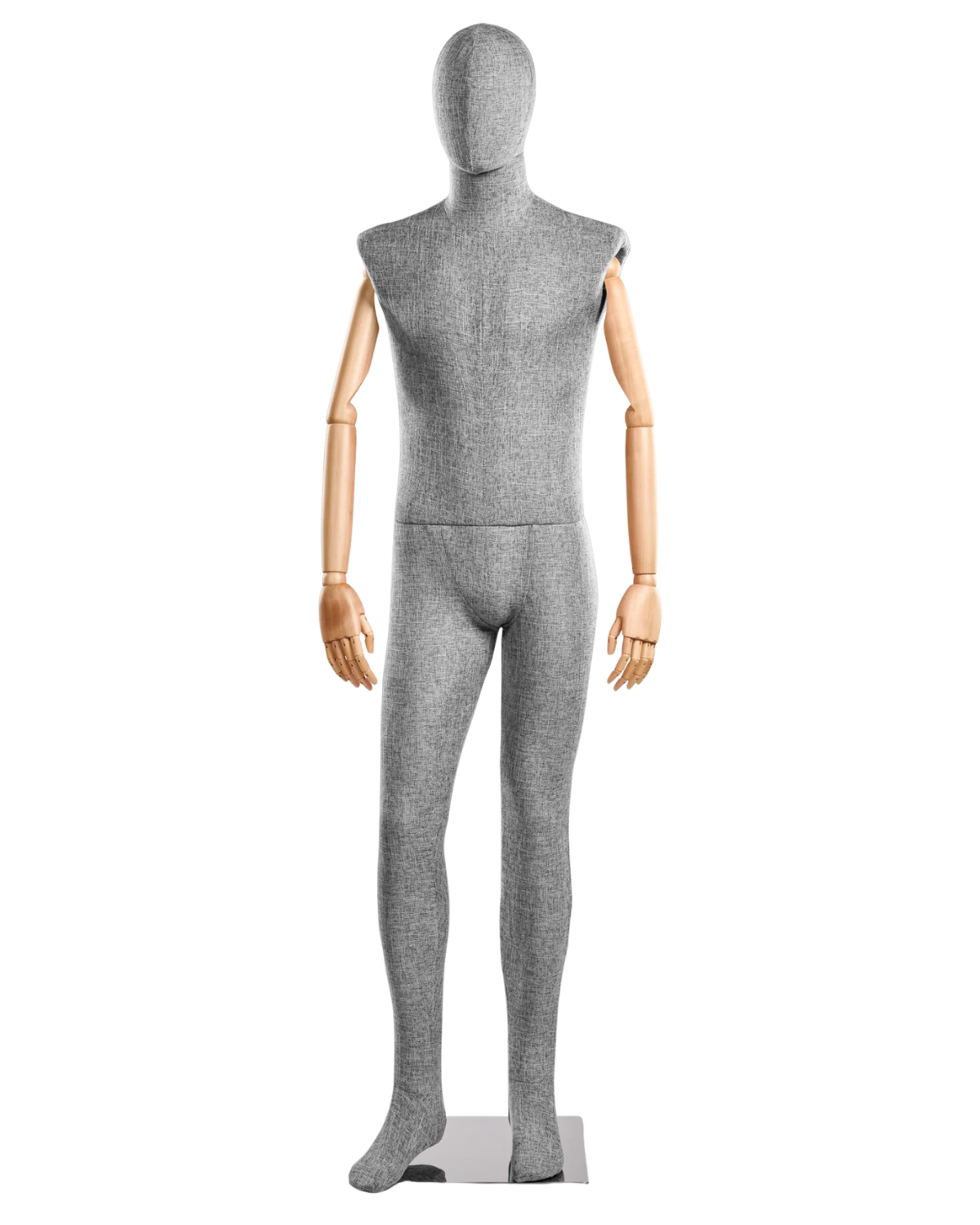 Posable male fabric-wrapped mannequin with articulated wooden arms, ideal for displaying clothing and fashion items.