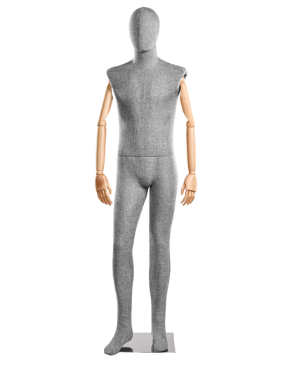 Posable male fabric-wrapped mannequin with articulated wooden arms, ideal for displaying clothing and fashion items.