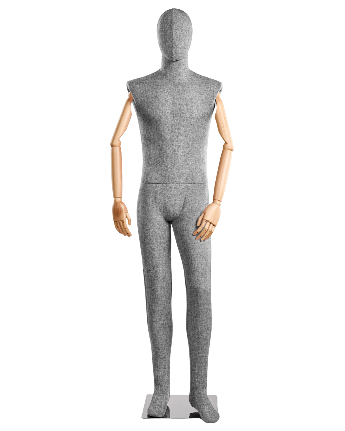 Posable male mannequin with fabric-wrapped torso and articulated wooden arms, ideal for display and fitting purposes.