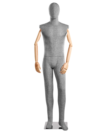 Posable male mannequin with fabric-wrapped torso and articulated wooden arms, ideal for display and fitting purposes.