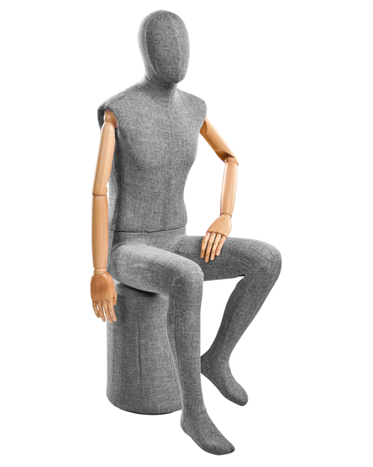 Posable male mannequin with fabric-wrapped torso and articulated wooden arms for display or fashion fitting.