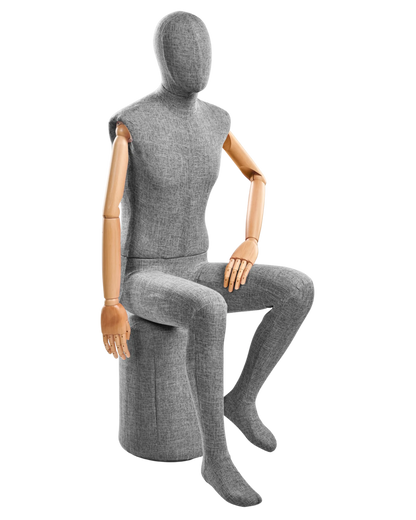 Posable male mannequin with fabric-wrapped torso and articulated wooden arms for display or fashion fitting.