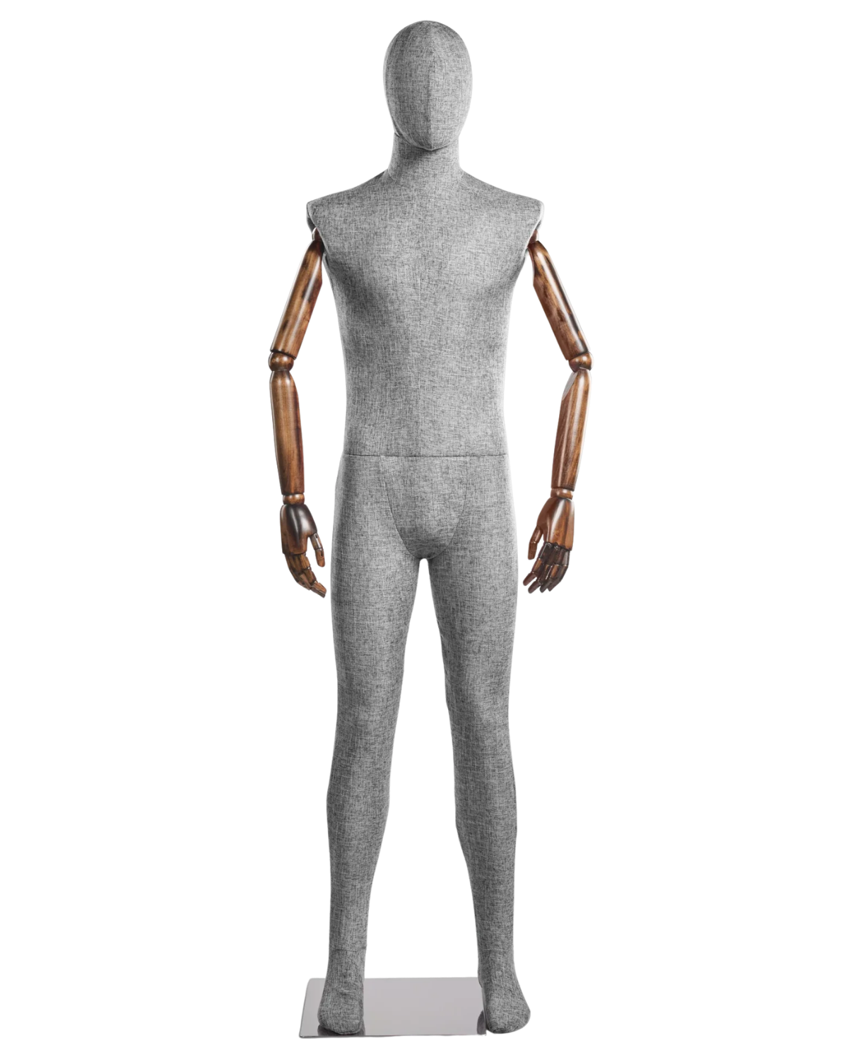 Posable male mannequin with fabric-wrapped torso and articulated wooden arms, ideal for clothing displays and fashion modeling.