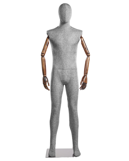 Posable male mannequin with fabric-wrapped torso and articulated wooden arms, ideal for clothing displays and fashion modeling.