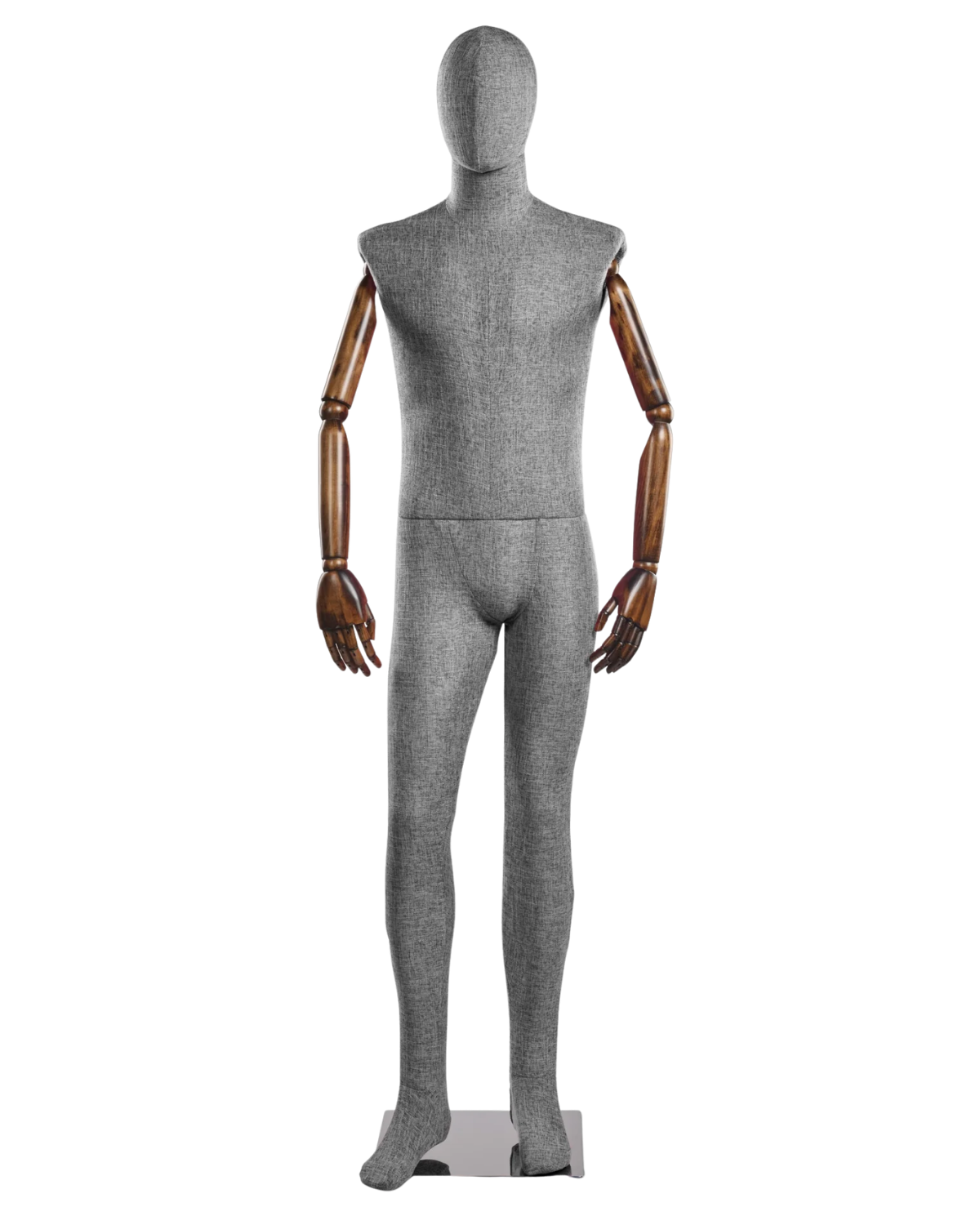 Posable male mannequin with fabric-wrapped torso and articulated wooden arms, ideal for displaying clothing and accessories.