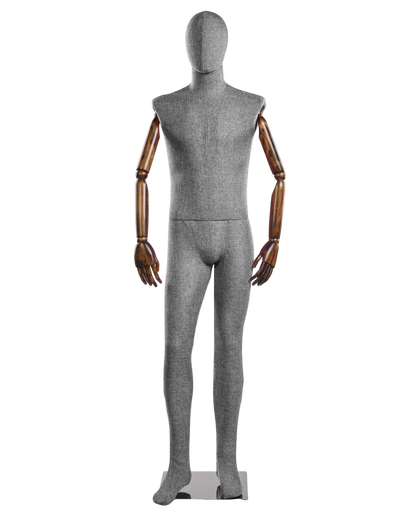Posable male mannequin with fabric-wrapped torso and articulated wooden arms, ideal for displaying clothing and accessories.