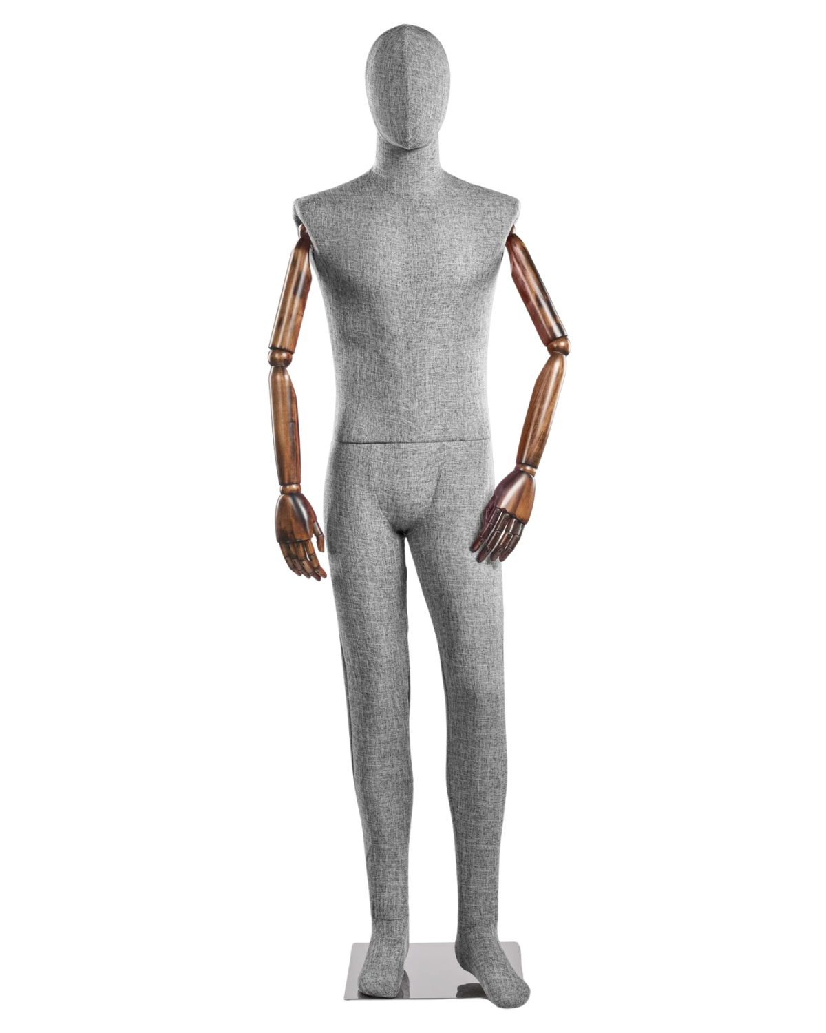 Posable male mannequin with fabric-wrapped torso and articulated wooden arms, ideal for display and fashion fitting.