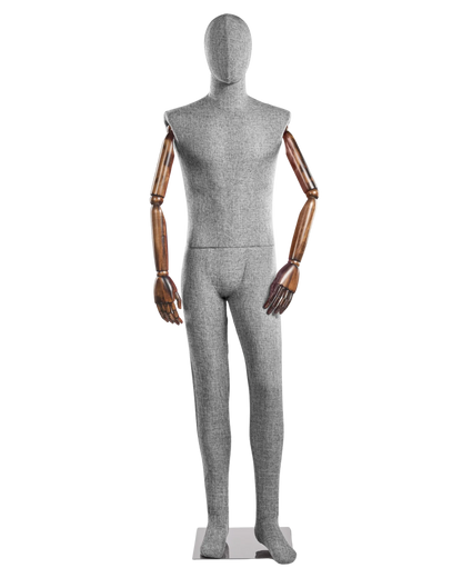 Posable male mannequin with fabric-wrapped torso and articulated wooden arms, ideal for display and fashion fitting.