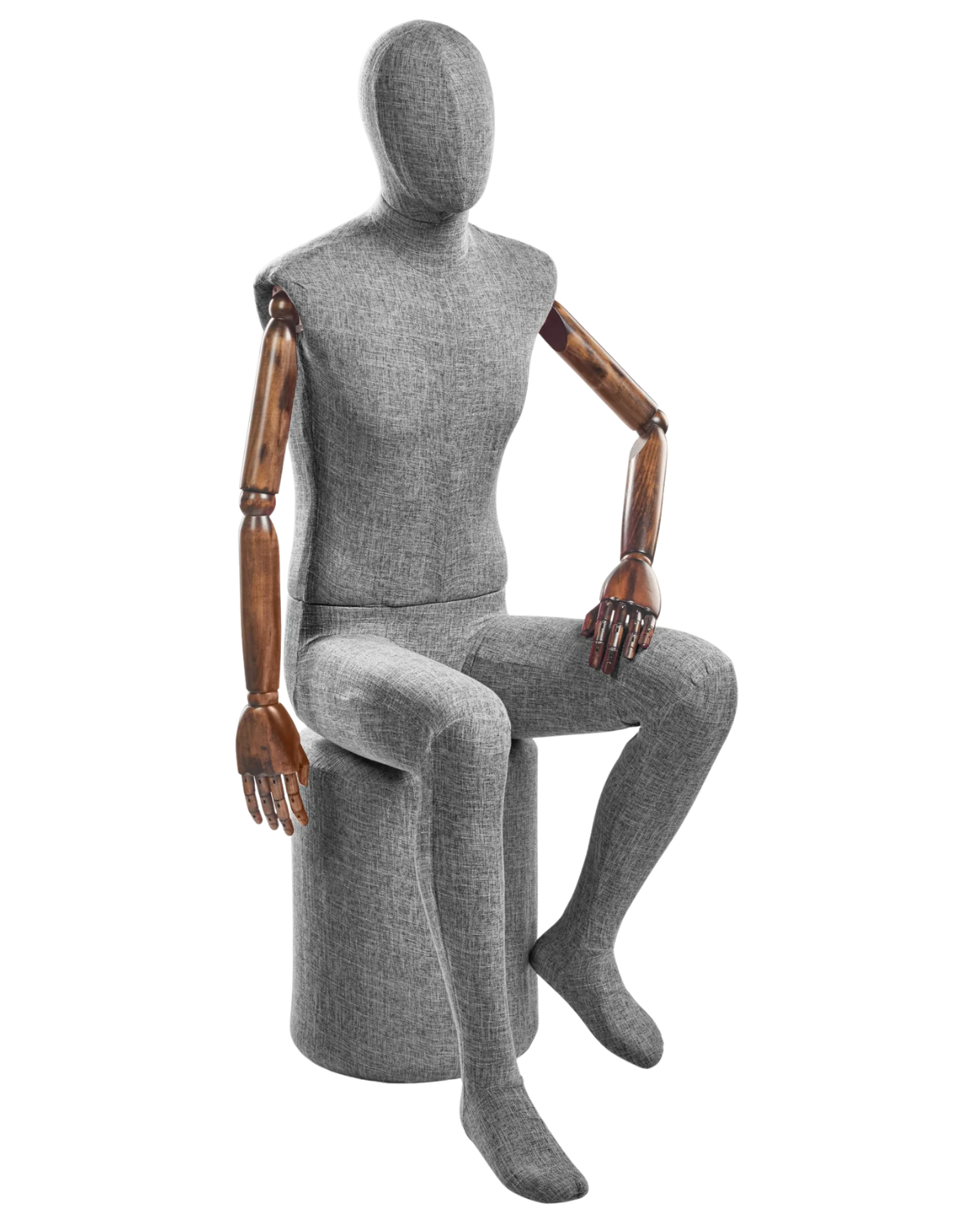 Posable male fabric-wrapped mannequin with articulated wooden arms, ideal for displaying clothing in retail stores.