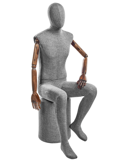 Posable male fabric-wrapped mannequin with articulated wooden arms, ideal for displaying clothing in retail stores.