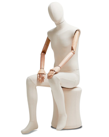 Posable male mannequin with fabric-wrapped torso and articulated wooden arms, ideal for fashion displays and retail signage.