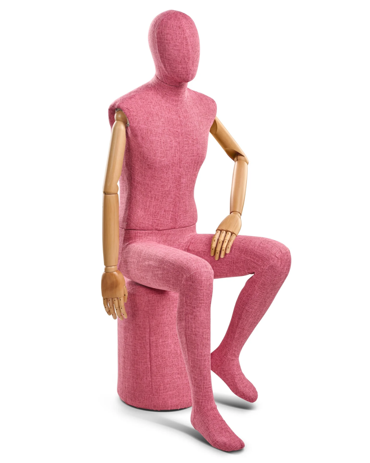 Posable male mannequin with fabric-wrapped torso and articulated wooden arms, ideal for clothing displays and fashion styling.