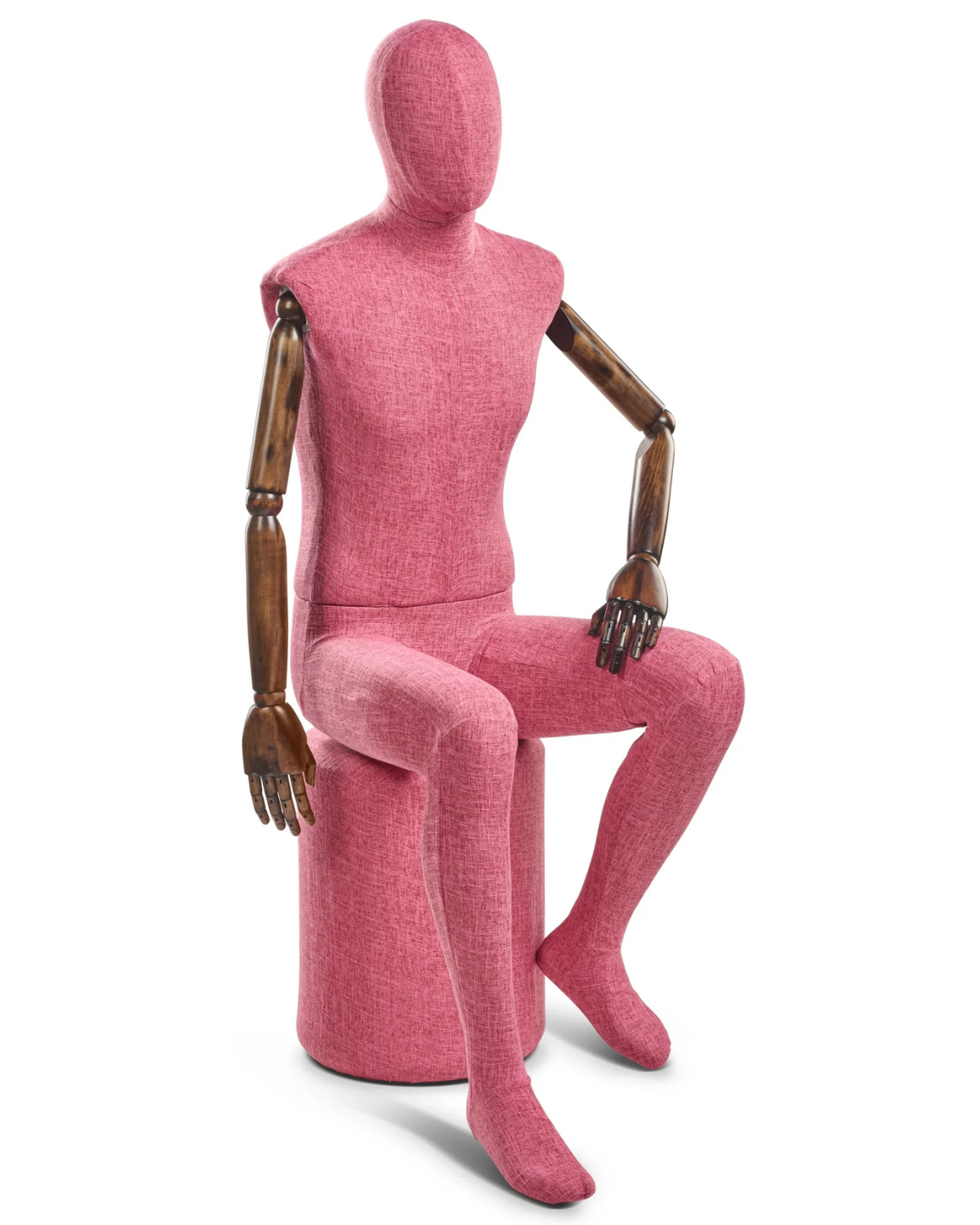 Posable male mannequin with fabric-wrapped torso and articulated wooden arms, ideal for fashion displays or retail visual merchandising.