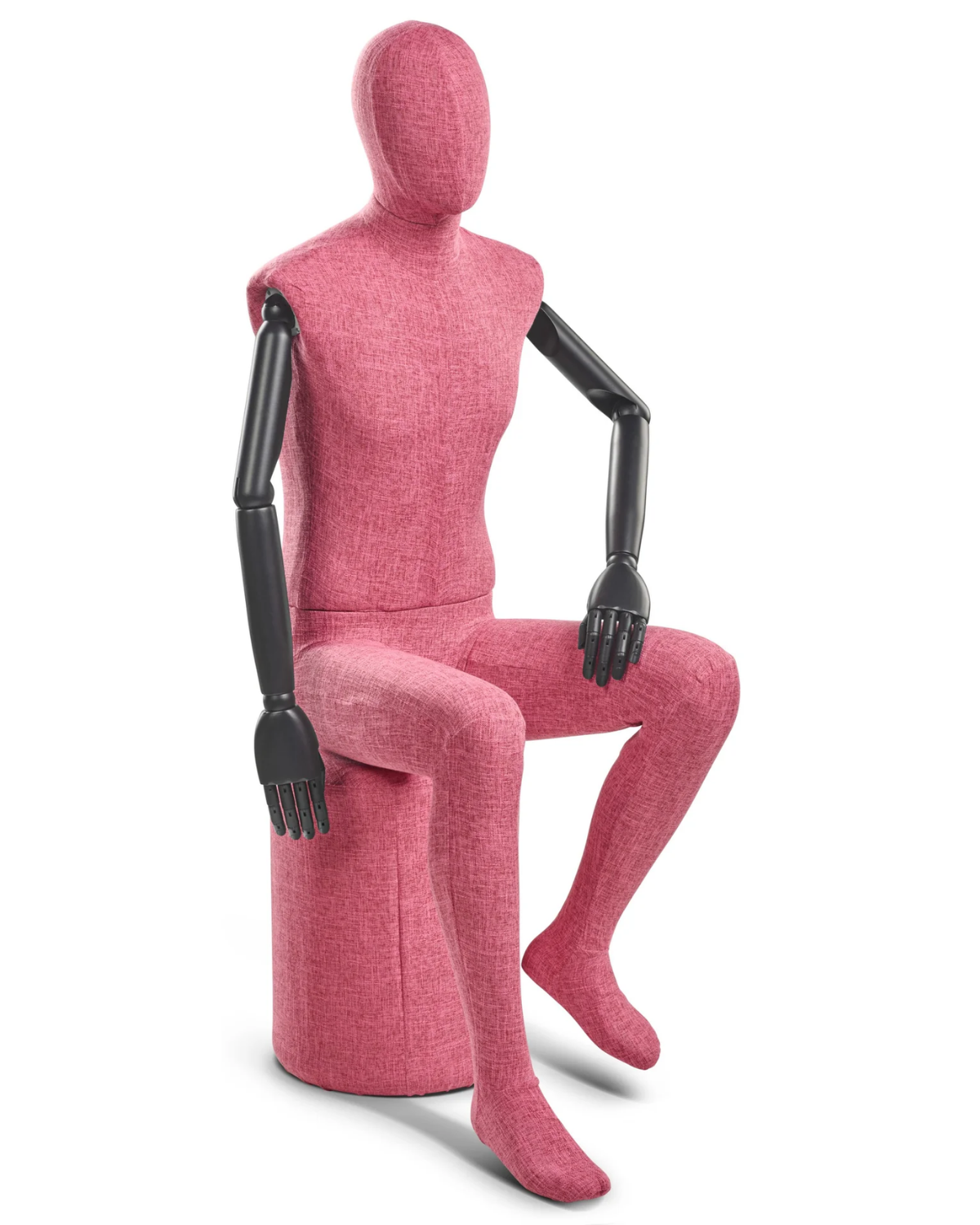 Posable male mannequin with fabric-wrapped torso and articulated wooden arms, ideal for clothing display and retail use.