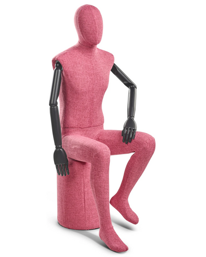 Posable male mannequin with fabric-wrapped torso and articulated wooden arms, ideal for clothing display and retail use.