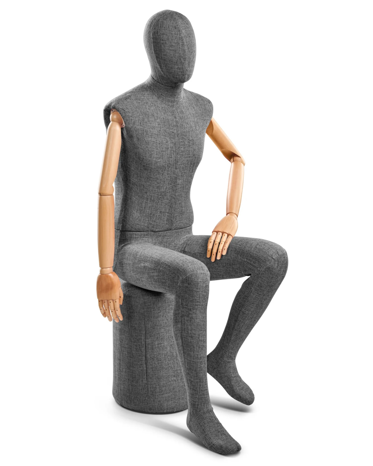 Posable male mannequin with fabric-wrapped torso and articulated wooden arms, ideal for clothing display and fitting.