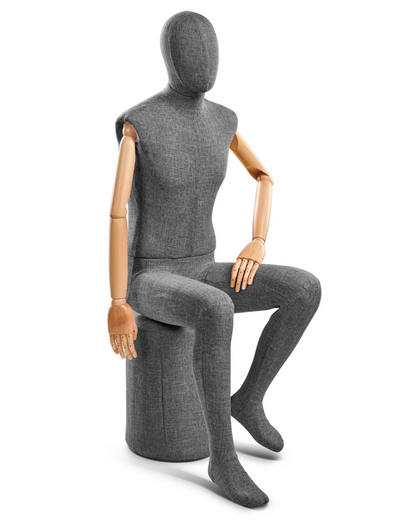 Posable male mannequin with fabric-wrapped torso and articulated wooden arms, ideal for clothing display and fitting.