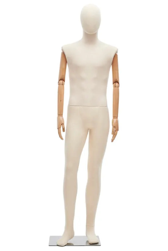 Posable male mannequin with fabric-wrapped torso and articulated wooden arms, ideal for displaying clothing and accessories.