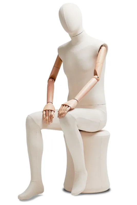 Posable male mannequin with fabric-wrapped torso and articulated wooden arms, ideal for display and fashion styling.